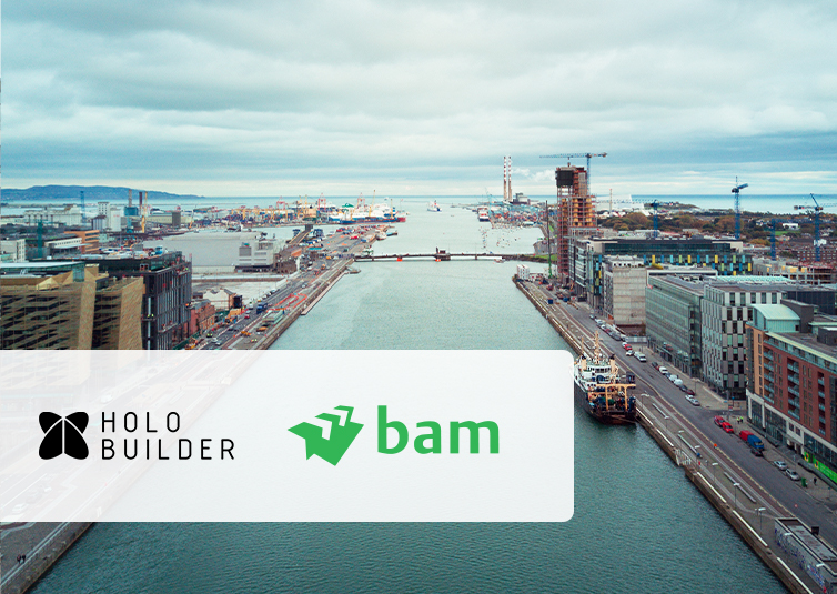 Case study_BAM_preview An aerial shot of the Dublin Docklands port in Ireland during calm waters with the HoloBuilder and BAM logos bottom left